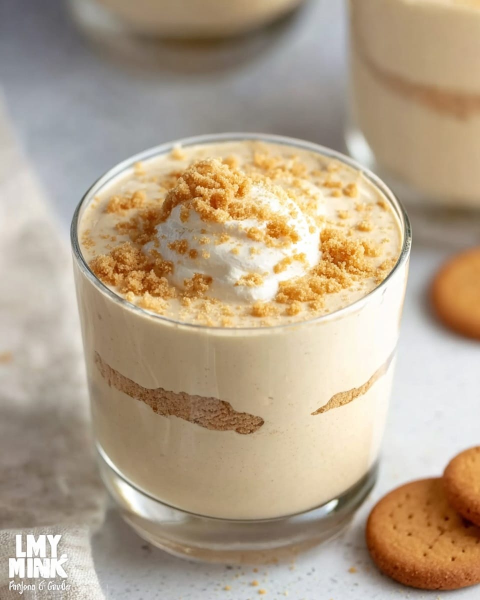 A close-up view shows a clear glass filled with three layers of creamy, beige dessert. The bottom layer is smooth and light-colored, the middle layer is slightly thicker with a whipped texture, and the top layer is fluffy with small crumbles of light brown cookie sprinkled on it. The glass sits on a white marbled surface, with a few round cookies scattered in the blurred background. Photo taken with an iphone --ar 4:5 --v 7