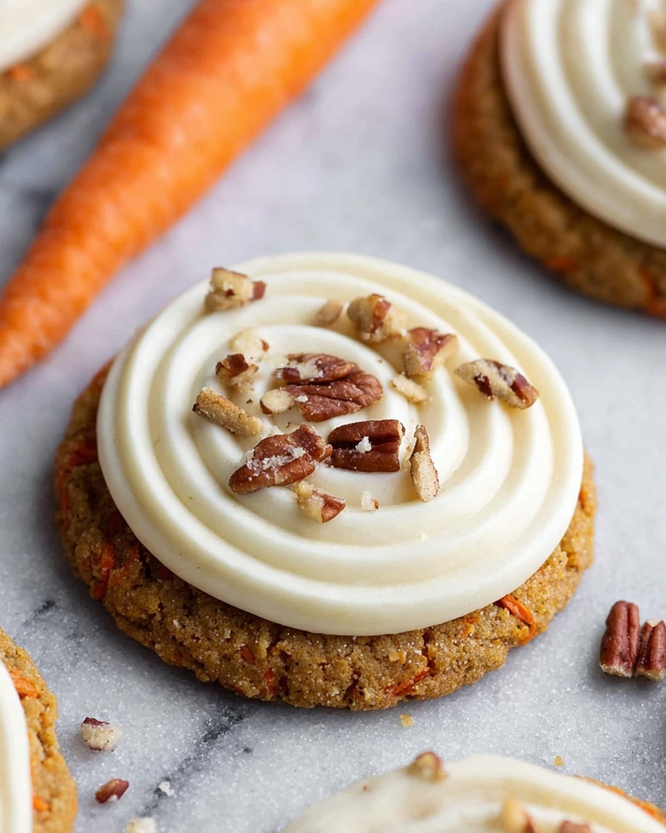 A round cookie sits on a white marbled texture, about one layer thick with visible small orange carrot bits baked into it, showing a rough but firm texture. The cookie is topped with a thick swirl of smooth, creamy white frosting, forming concentric circles from the edge to the center, and sprinkled with small pieces of chopped brown pecans on top. In the background, there are parts of other similar cookies and a bright orange carrot, adding context to the flavor. photo taken with an iphone --ar 4:5 --v 7