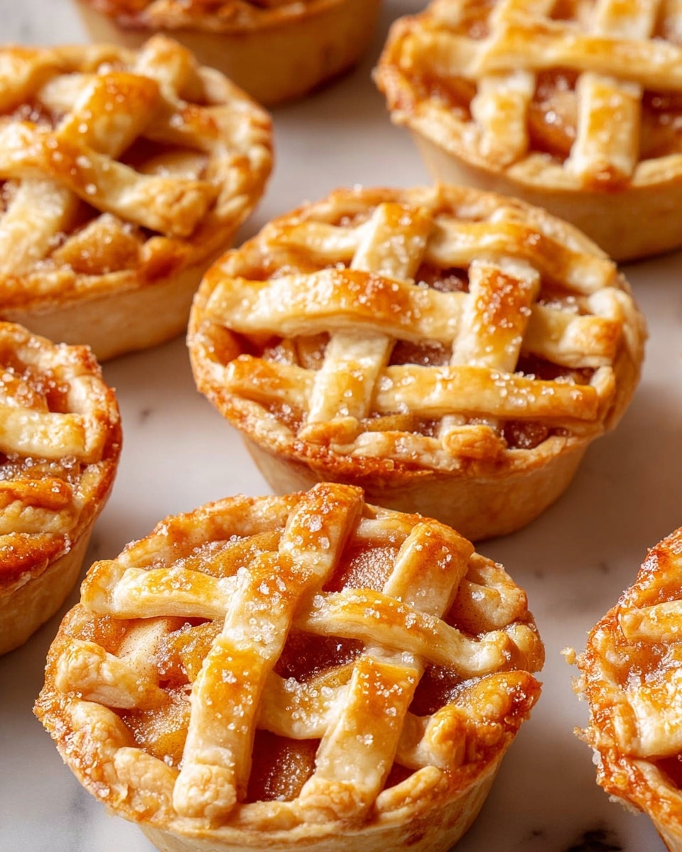 The image shows several small round apple pies closely arranged on a white marbled surface. Each pie has a golden-brown lattice crust on top, with strips of dough woven over a thick layer of cooked apple filling visible underneath. The lattice crust is sprinkled with coarse sugar grains that add texture and shine. The sides of the pies show a smooth, slightly browned dough crust shaped neatly to hold the apple filling inside. The warm colors include light golden browns and soft caramel shades from the baked apples. photo taken with an iphone --ar 4:5 --v 7