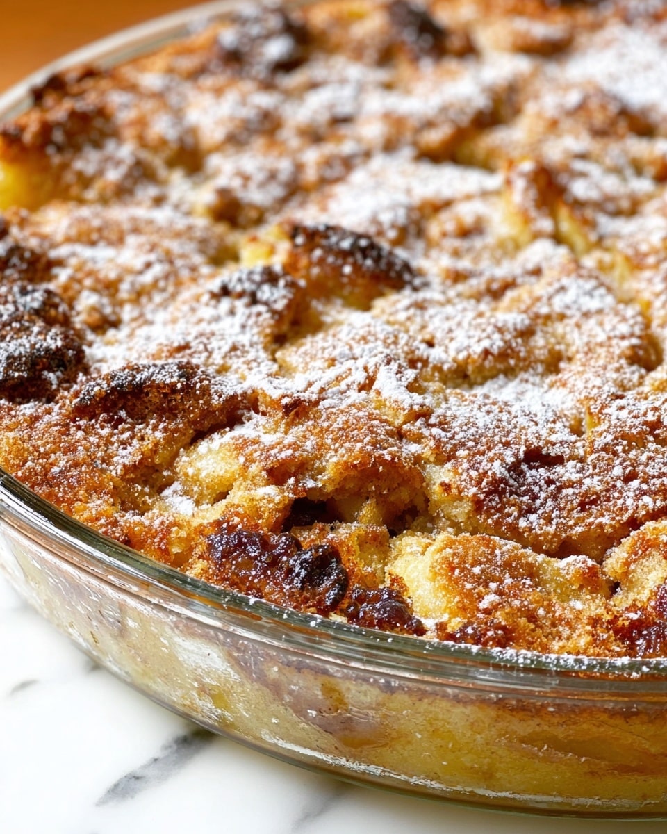 A close-up view of a baked dessert in a clear glass dish, showing a thick layer of golden-brown crust with uneven, rough texture and darker spots where it is caramelized, sprinkled unevenly with white powdered sugar. The crust’s surface has small chunks and cracks, revealing a soft interior with pieces of fruit mixed in, visible through some cracks. The dish rests on a white marbled surface, with part of the glass edges visible, reflecting light gently. photo taken with an iphone --ar 4:5 --v 7