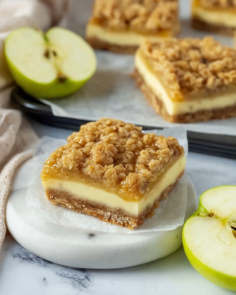 The image shows a close-up of a square dessert bar on a round white plate lined with parchment paper. The dessert has three visible layers: a firm, crumbly light brown base, a thick creamy pale yellow middle layer, and a chunky golden brown oat crumble topping with a glossy glaze on top. The plate with more cut bars is set on a white marbled surface, and in the foreground, there are two halves of a green apple with the seeds and core visible. The overall look is warm and inviting with clear texture contrasts between the layers. photo taken with an iphone --ar 4:5 --v 7