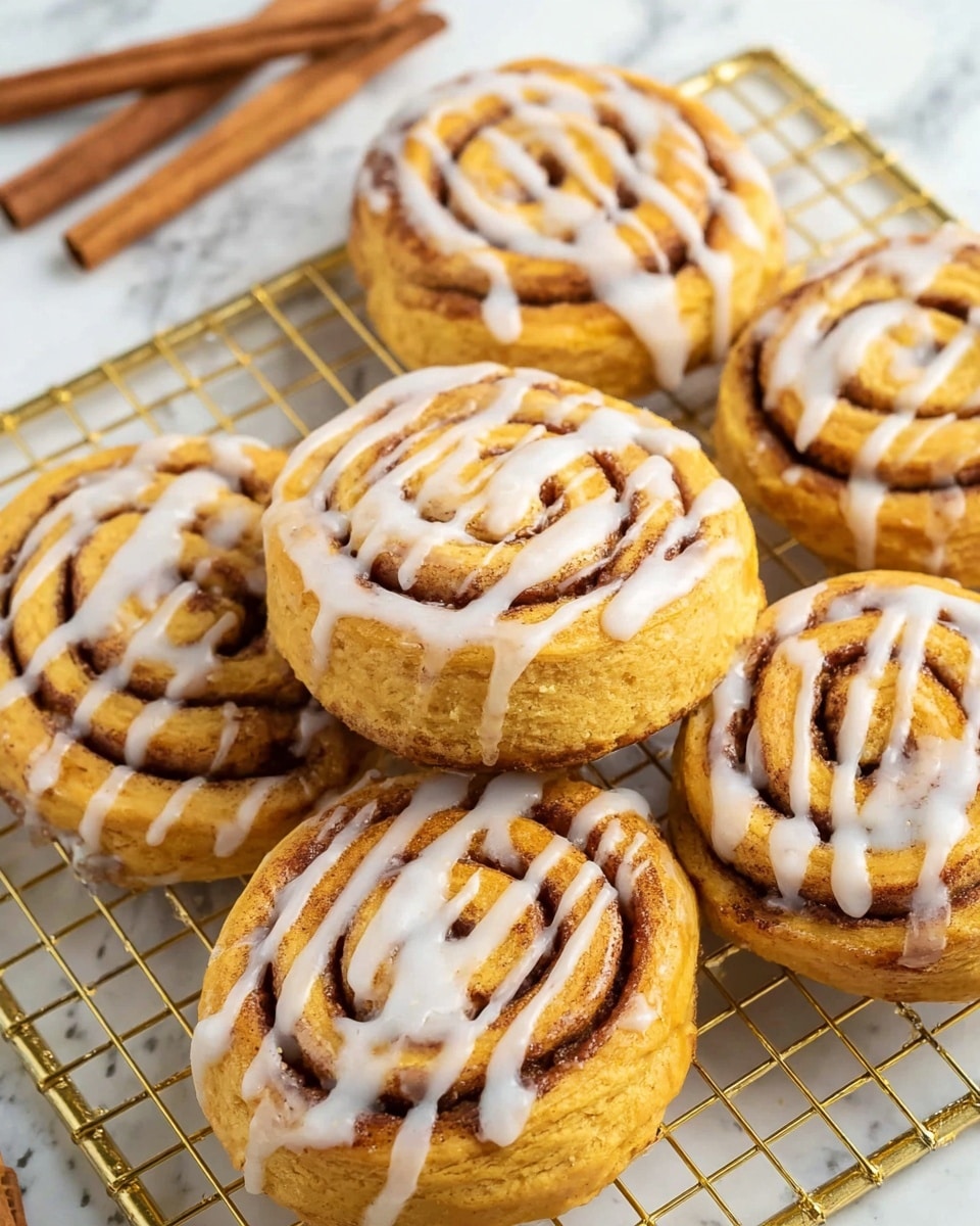 The image shows a close-up of six cinnamon rolls stacked on a gold wire cooling rack placed over a white marbled surface. Each roll has visible spirals of golden brown dough mixed with darker cinnamon layers and is topped with a light white icing drizzle in thin, uneven lines across the top. In the upper left corner, there are a few cinnamon sticks adding to the scene’s warm, cozy feel. The rolls look soft and fluffy with a slightly shiny glaze from the icing photo taken with an iphone --ar 4:5 --v 7
