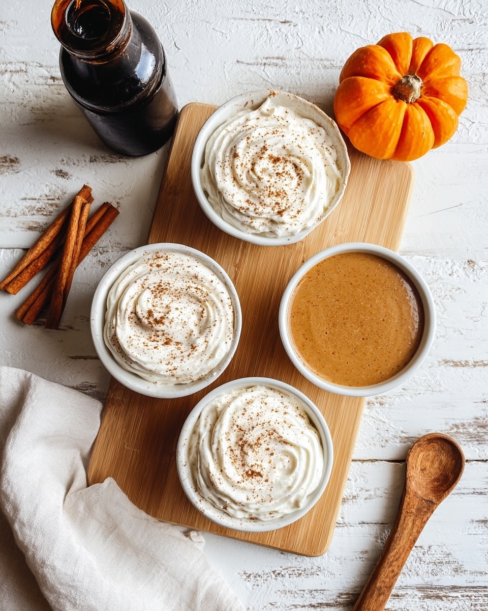 The image shows three white bowls on a light wooden board placed on a white marbled texture. Two bowls have a creamy brown base layer topped with a thick, white, swirled whipped cream layer sprinkled with light brown cinnamon powder. The third bowl contains only the smooth, creamy brown base layer. To the right of the bowls, a small bright orange pumpkin and a couple of cinnamon sticks are arranged. A dark bottle and more cinnamon sticks are on the left side of the board. A white cloth partially holds a wooden spoon on the bottom right corner. The scene has warm earthy tones and soft natural light. photo taken with an iphone --ar 4:5 --v 7