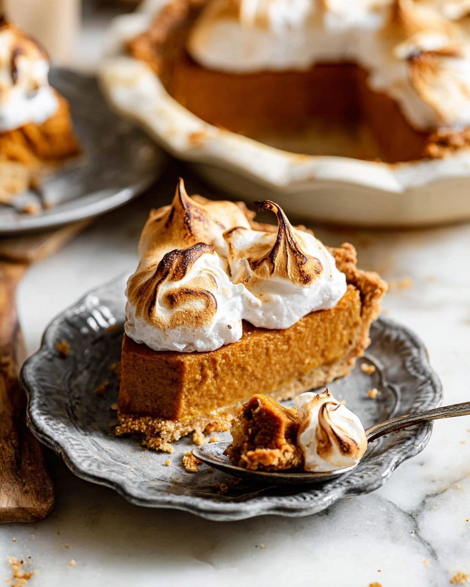 A slice of pie sits on a detailed gray plate with a scalloped edge, showing three layers: a thick golden crust at the bottom, a dense, smooth orange-brown pumpkin filling in the middle, and three toasted, fluffy meringue dollops on top with browned peaks. Next to the slice, a vintage silver spoon holds a bite of the pie, showing the layers clearly. In the background, part of a white pie dish filled with more pumpkin pie topped with toasted meringue is visible on a white marbled surface, sprinkled with a few crumbs. photo taken with an iphone --ar 4:5 --v 7