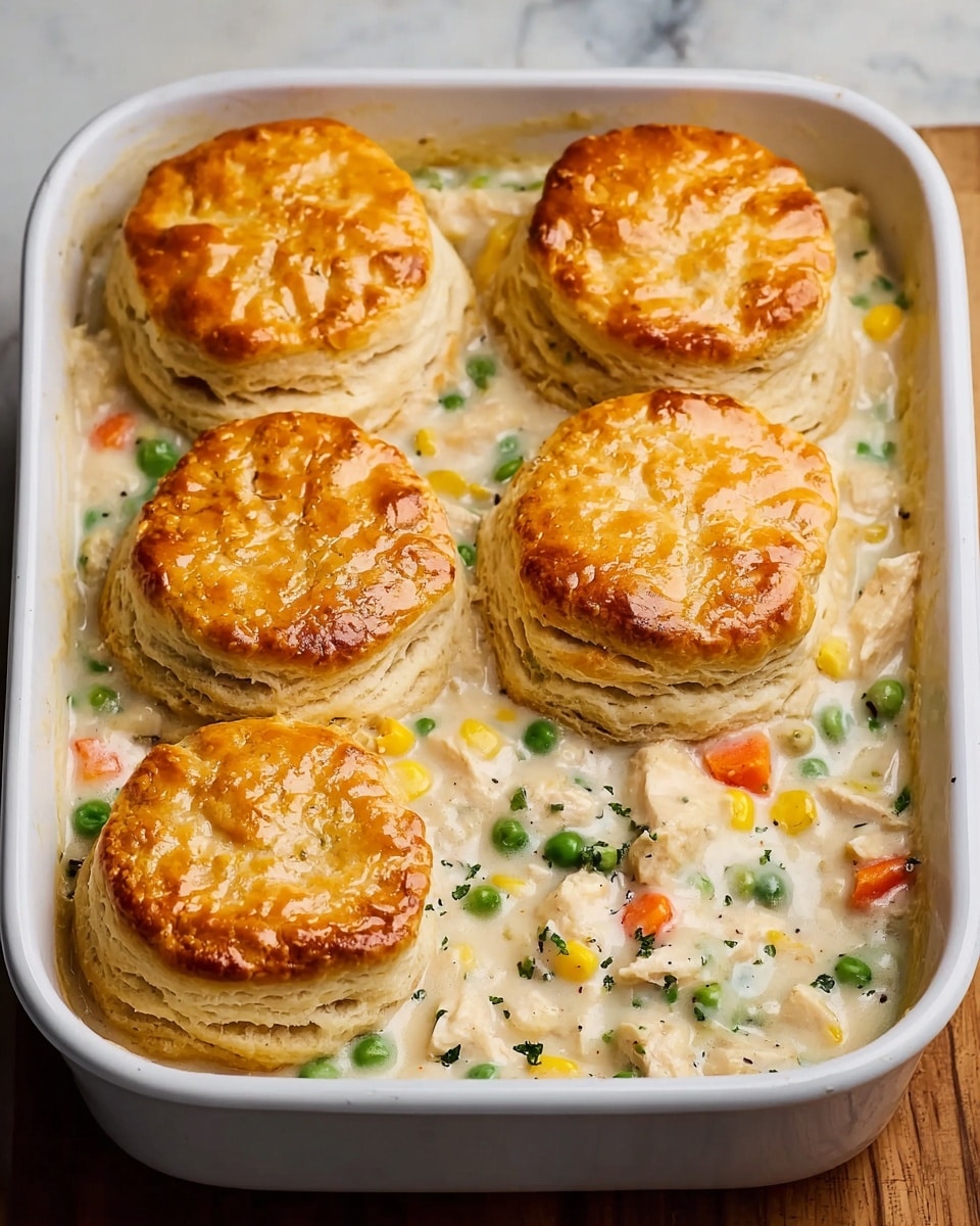 A white rectangular baking dish holds six golden brown biscuits arranged on top in two rows with three biscuits each; the biscuits have visible layers and a shiny, crisp top texture. Beneath them is a creamy layer filled with chunks of white chicken, bright orange carrot pieces, low green peas, and small bits of yellow corn mixed in a thick white sauce with herbs. The dish rests on a wooden surface with a white marbled texture background. Photo taken with an iphone --ar 4:5 --v 7