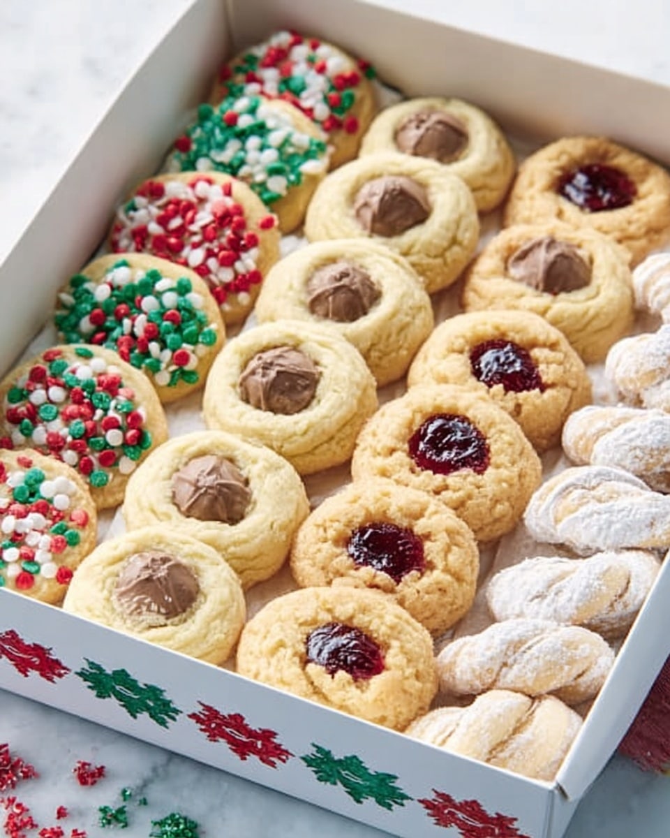 A white rectangular box filled with four rows of neatly arranged cookies on a white marbled surface. The first row contains cookies decorated with small red, green, and white candy pieces, giving a colorful and festive look. The second and third rows have round cookies topped with a soft chocolate piece and a crumbly texture beneath, with a light golden color. The fourth row features twisted cookies coated in white sugar with a round dollop of dark red jam in the center, adding a shiny contrast. Sprinkles of red and green candy decorate the lower left edge of the box. Photo taken with an iphone --ar 4:5 --v 7