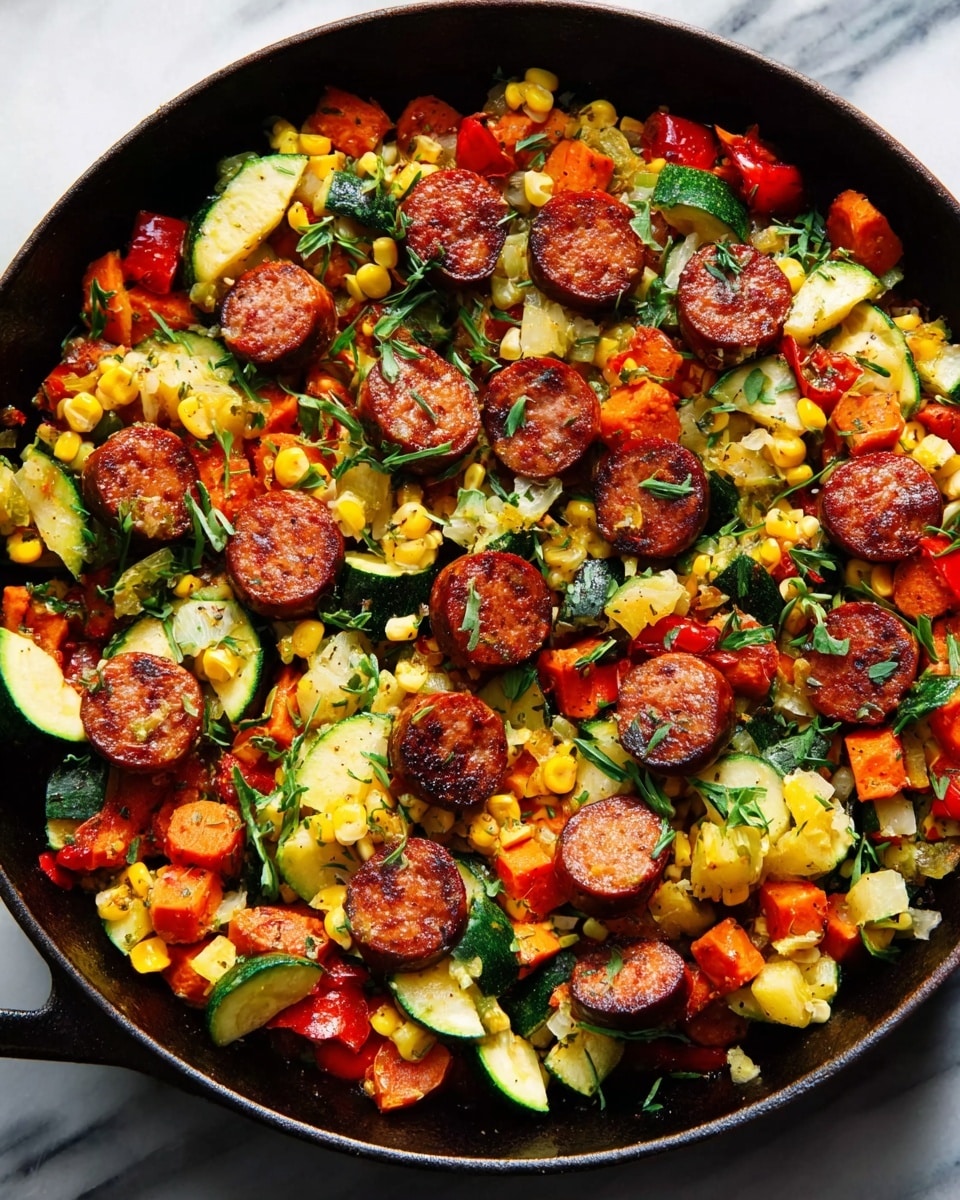A black cast iron pan filled with a colorful mixture of cooked vegetables and sliced sausage. The dish shows multiple layers: the bottom has a mix of bright yellow corn and orange carrot chunks, scattered with green zucchini slices, all cooked with a slight shine. On top, there are round slices of browned sausage that add a rich reddish-brown color and a meaty texture. Small bits of green herbs are sprinkled across the whole dish, adding freshness and color contrast. The pan rests on a white marbled surface. Photo taken with an iphone --ar 4:5 --v 7