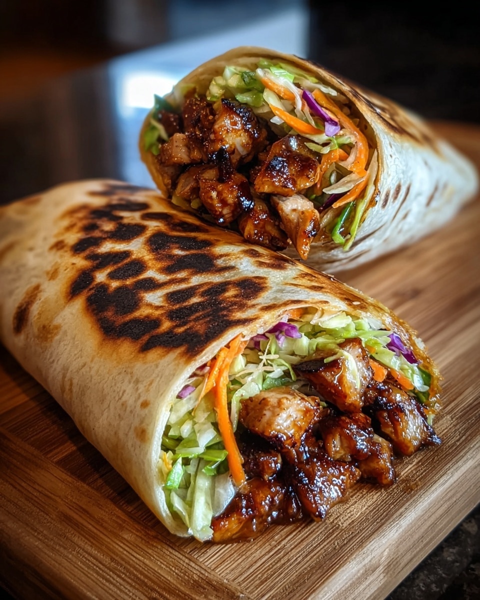 Two halves of a grilled wrap are shown on a wooden board over a white marbled surface. The wrap is lightly browned with crisp spots. Inside, there are several layers starting with a layer of dark, glazed grilled meat pieces at the bottom. Above the meat is a thick layer of fresh shredded lettuce mixed with thin strips of orange carrots and bits of purple cabbage, creating a colorful, crunchy texture. The wrap is cut at an angle, showing the ingredients packed tightly within the soft tortilla. Photo taken with an iphone --ar 4:5 --v 7