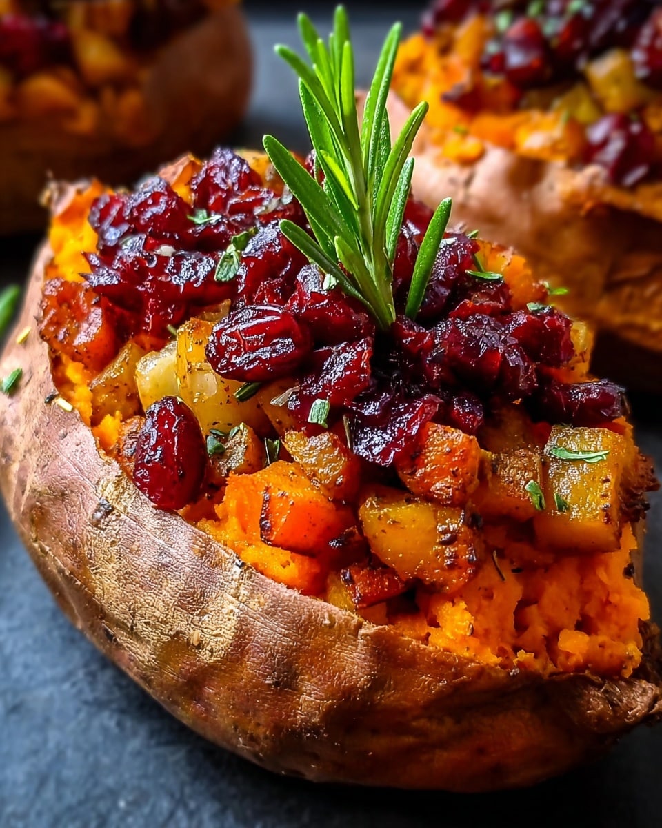 The image shows a baked sweet potato cut in half, with a rough brown skin and soft orange inside. The inside is smooth and mashed, topped with a crunchy layer of diced golden-brown roasted squash and onions mixed with small pieces of herbs. On top of that, there is a thick layer of shiny, deep red dried cranberries. A small green sprig of fresh rosemary stands in the center, adding a pop of green color. The dish is placed on a dark surface with a close-up view showing the texture and colors clearly. Photo taken with an iphone --ar 4:5 --v 7
