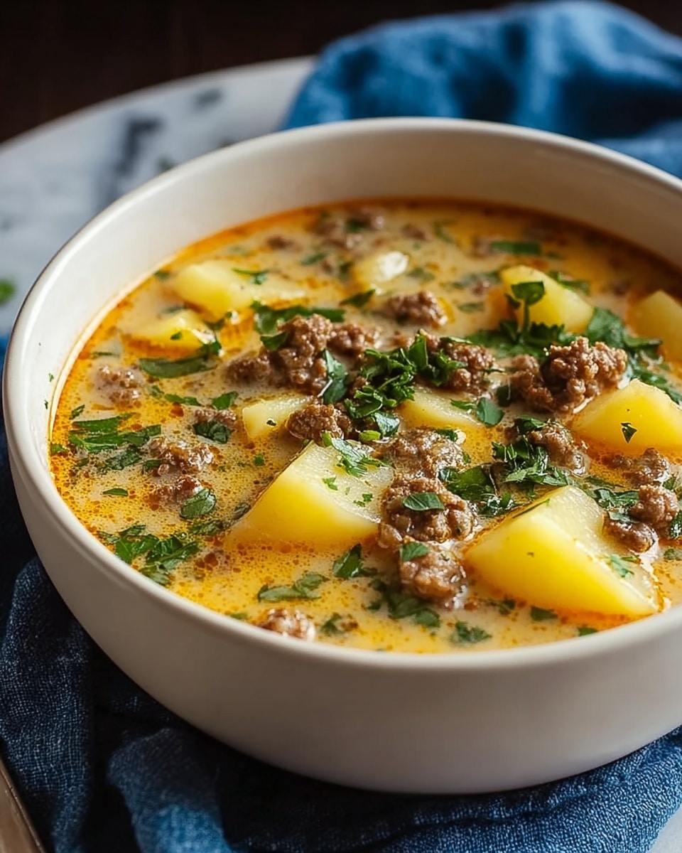 A white bowl filled with a creamy soup showing a rich broth layered with soft yellow potato chunks and browned ground meat scattered evenly throughout. Fresh green chopped herbs are sprinkled on top, adding a touch of color contrast. The soup surface has a smooth texture with a slight orange tint from the broth, and the bowl sits on a blue cloth over a white marbled surface. photo taken with an iphone --ar 4:5 --v 7
