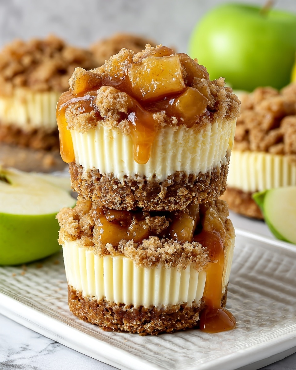 The image shows a stack of two mini cheesecakes on a white rectangular plate with a textured edge, placed on a white marbled surface. Each cheesecake has four visible layers: a crumbled light brown crust at the bottom, a thick creamy pale yellow cheesecake layer with vertical ridges, a chunky golden brown caramelized apple topping dripping slightly down the cheesecake, and a crumbly light brown streusel topping sprinkled on top. The two cheesecakes are closely stacked, with more cheesecakes and green apples blurred softly in the background. Photo taken with an iphone --ar 4:5 --v 7