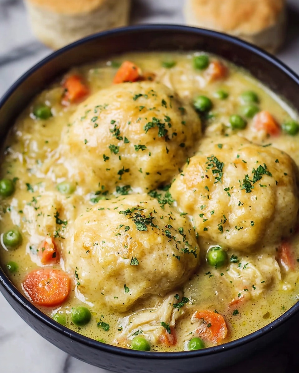 A close-up view of a dark bowl filled with three golden biscuit dumplings floating on a creamy light yellow stew mixed with shredded chicken pieces, bright green peas, and round orange carrot slices, all topped with small green herb sprinkles, placed on a white marbled surface with biscuit tops blurred in the background; photo taken with an iphone --ar 4:5 --v 7