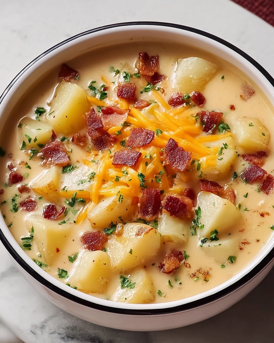 The dish shows creamy potato soup served in a round black bowl placed on a white marbled surface. The soup has three main visible layers: the bottom creamy broth layer is light beige and smooth, filled with whole and sliced small round yellow potatoes as the second layer. On top, shredded orange cheddar cheese is sprinkled mostly in the middle, melting slightly into the soup. The topmost layer is golden brown crispy bacon bits scattered over the cheese layer along with small chopped green herbs lightly spread, adding fresh green color details across the soup’s surface. photo taken with an iphone --ar 4:5 --v 7
