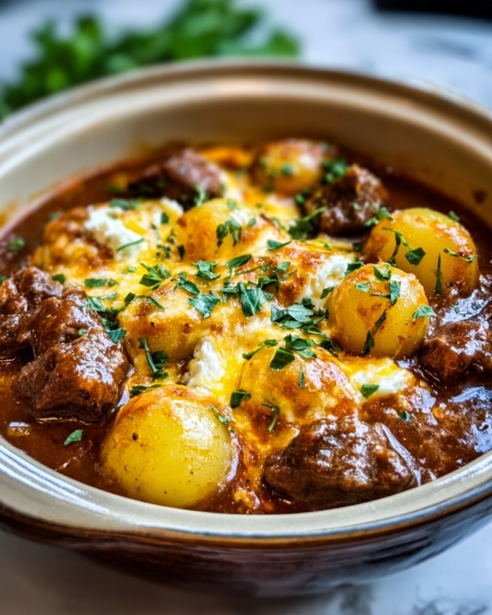The image shows a white bowl filled with a creamy dish that has several layers. The bottom layer is smooth and light yellow, looking like soft mashed potatoes. On top of that, there are small chunks of dark brown meat, cooked and tender, spread evenly around the bowl. Sprinkled on top are small green herbs, adding a fresh touch and color contrast. The bowl is placed on a white marbled surface with light brown wooden texture pieces visible nearby. Photo taken with an iphone --ar 4:5 --v 7