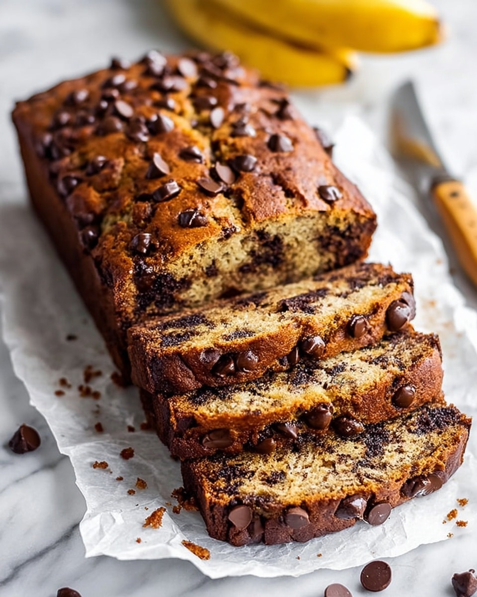 The image shows a loaf of chocolate chip banana bread resting on crumpled white parchment paper over a white marbled surface. The bread is sliced, revealing three thick layers of moist, golden-brown cake filled with dark chocolate chips inside. The top layer is golden and cracked with many chocolate chips melted slightly on the surface. Scattered chocolate chips and a few crumbs lie around the base, with a ripe banana placed in the background. A small wooden-handled utensil is placed to the right, partly visible near the loaf. photo taken with an iphone --ar 4:5 --v 7
