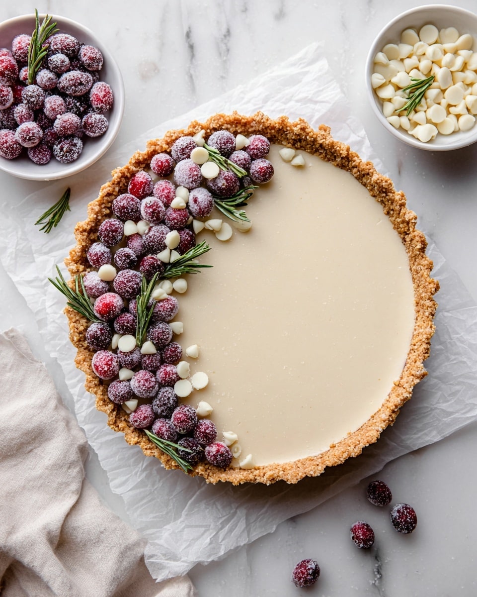A round tart with a rough, golden-brown crumb crust forms the base layer. Inside, there is a smooth, creamy, light beige filling that fills the crust evenly. On top, along the upper left half of the tart's edge, there is a decorative ring made of bright red and deep purple sugared cranberries, fresh green rosemary sprigs, and scattered white chocolate chips, creating a festive and fresh look. The tart sits on a white marbled texture with a slightly crumpled white parchment paper underneath. To the left and upper right of the tart, there are small white bowls, one filled with sugared cranberries and the other with white chocolate chips. A light beige cloth is also partially seen at the bottom left. photo taken with an iphone --ar 4:5 --v 7