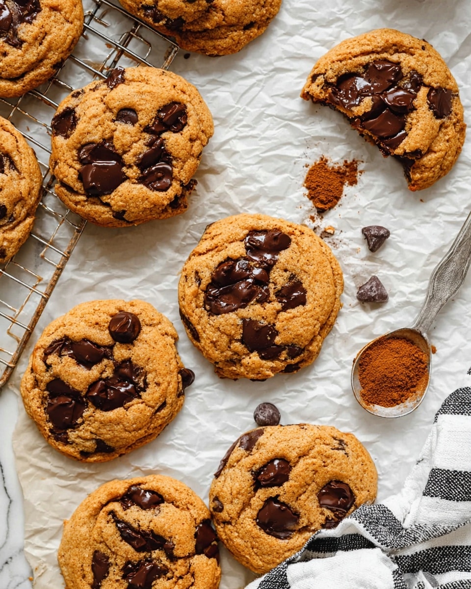 Several golden-brown chocolate chip cookies are spread out on crumpled parchment paper over a white marbled surface. Each cookie is thick and soft with shiny dark chocolate chips scattered on top, some partially melted. One cookie is broken into pieces showing a gooey chocolate inside. A few cookies rest on a metal cooling rack to the left, while a small heap of brown cinnamon powder and a metal measuring spoon sit near the bottom right. A white towel with black stripes is partially visible on the right side. Photo taken with an iphone --ar 4:5 --v 7