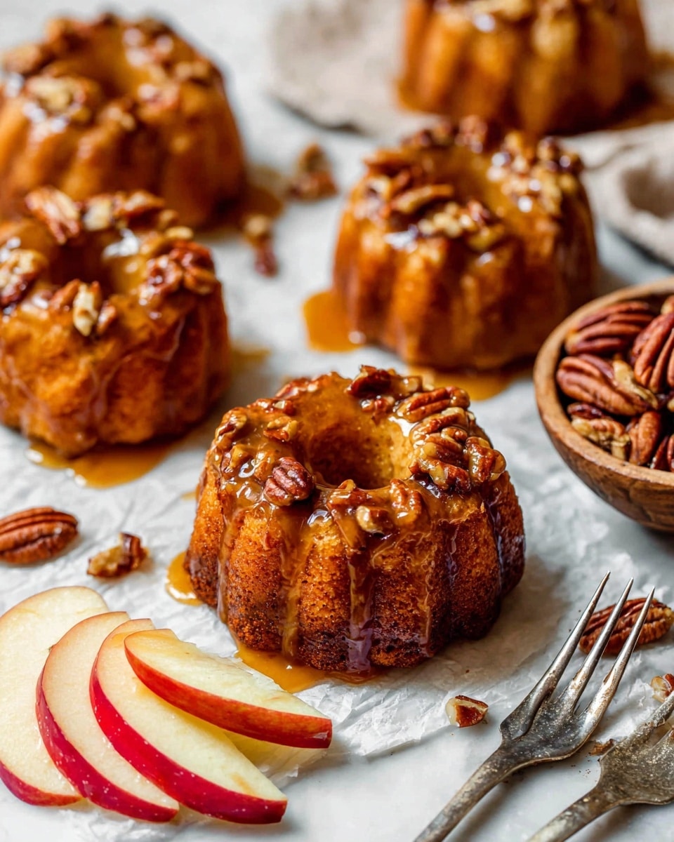 The image shows several small bundt cakes with a golden brown color, topped with a glossy layer of caramel sauce and crunchy pecan pieces, arranged on a sheet of parchment paper over a white marbled surface. To the left of the cakes, there are three thin slices of red and yellow apple, placed next to two silver forks. On the right side, there is a rustic wooden bowl filled with a mix of pecan halves. The cakes have a textured look from the nuts, and the caramel gives a shiny and sticky effect, making them look sweet and rich. Photo taken with an iphone --ar 4:5 --v 7