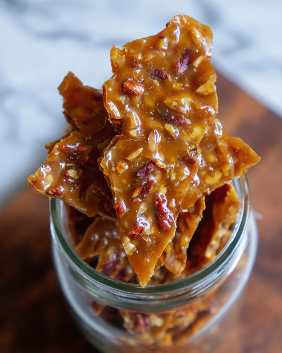 A close-up image of a clear glass jar filled with thin, brittle, golden brown brittle pieces that have visible small red and white nut pieces embedded in them, giving a crunchy look. The jar is set against a white marbled texture background, creating a clean and bright setting that contrasts with the warm tones of the brittle. The brittle pieces have a shiny, caramelized surface with irregular shapes, some leaning outward from the jar's opening, showing texture and layers. photo taken with an iphone --ar 4:5 --v 7