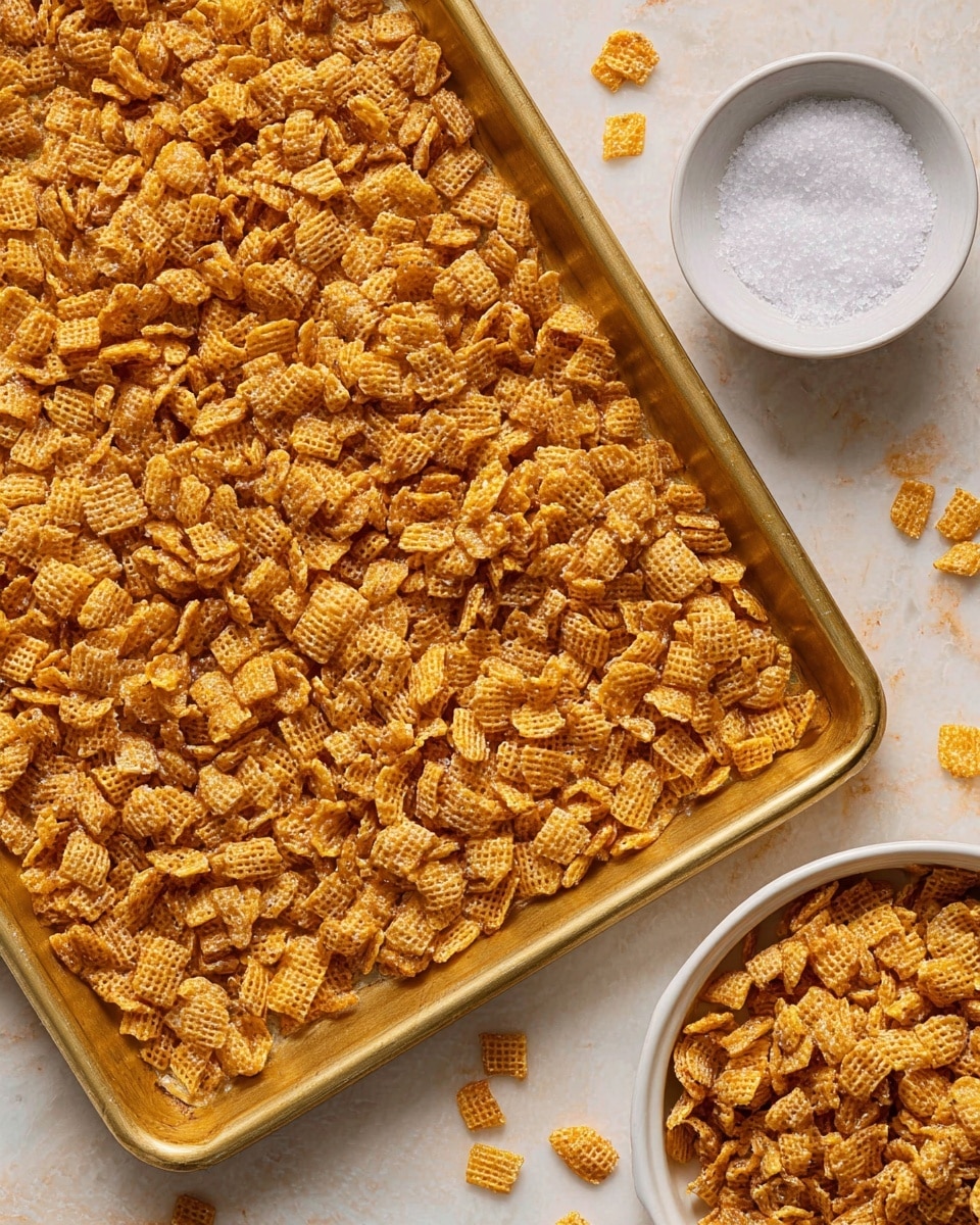 A full baking tray covered with small, golden brown, crunchy cereal pieces that have a waffle-like grid texture. The cereal is evenly spread out, showing a shiny, glazed surface. Next to the tray, part of another tray filled with the same cereal is visible. Below the tray, a small white bowl contains coarse sea salt. The setting is on a white marbled texture surface, giving a clean and bright look. photo taken with an iphone --ar 4:5 --v 7