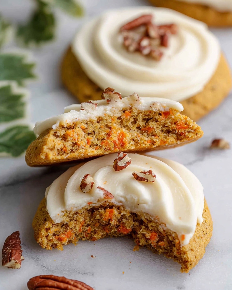 The image shows a close-up of two carrot cake cookies with white frosting and small pieces of pecans on top. Each cookie has a thick, golden-brown base with visible small orange carrot shreds inside. The frosting forms a smooth spiral layer on top of the cookie, and the pecans are sprinkled on the frosting, adding a touch of texture and brown color. One cookie is whole in the background, and the other cookie in the foreground is broken in half and stacked with one half resting on top of the other, showing the soft, moist inside. The cookies are placed on a white marbled surface with some green leaves partially visible on the left side. photo taken with an iphone --ar 4:5 --v 7