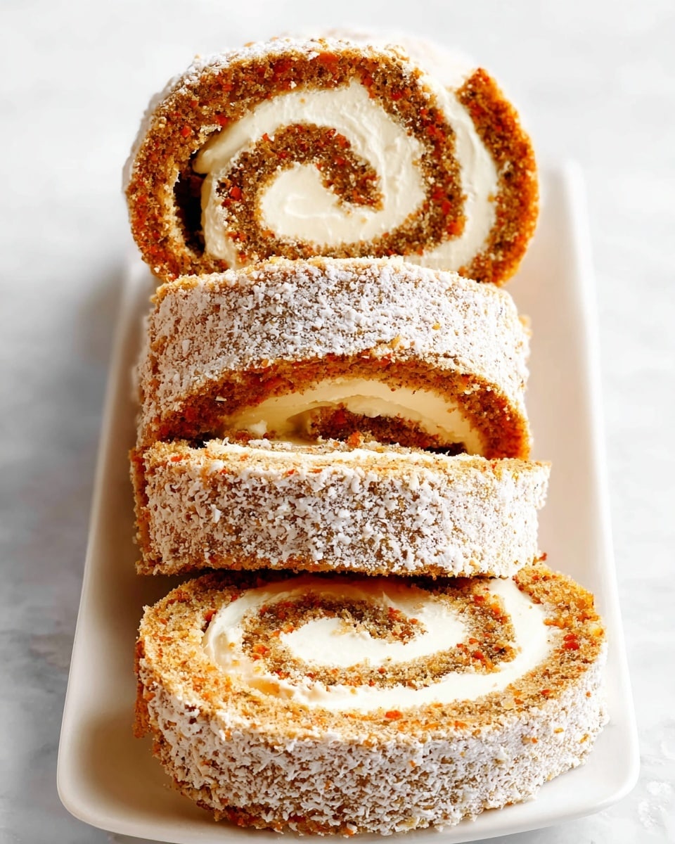 Four slices of rolled cake are stacked on a white plate on a white marbled surface. Each slice shows two main layers: a light brown, textured cake layer studded with small bits, and a smooth cream layer spiraled inside from the center to the outer edge. The outer sides of the cake layers are dusted generously with white powdered sugar, adding a rough texture that contrasts with the soft cream. The cake has a warm, golden-brown color with specks of orange, making it look moist and spiced. The cream is pale, almost white, and thick, filling the roll evenly. Photo taken with an iphone --ar 4:5 --v 7