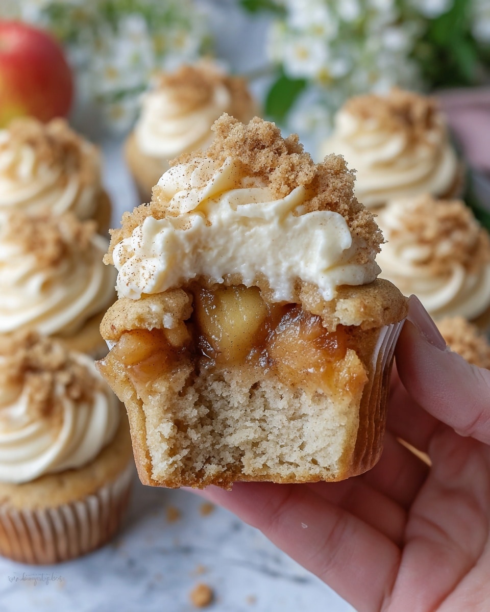 A close-up of a single cupcake held by a woman's hand, showing one bite taken out. The cupcake has three visible layers: a bottom layer of light brown, soft, and crumbly cake; a middle layer of glossy, caramelized apple pieces with a warm golden-brown color; and a top layer of creamy, light beige frosting sprinkled with small brown crumb pieces and a dusting of cinnamon powder. The background shows multiple similar cupcakes on a white marbled surface with a few apples and soft-focused white flowers in the distance. Photo taken with an iphone --ar 4:5 --v 7