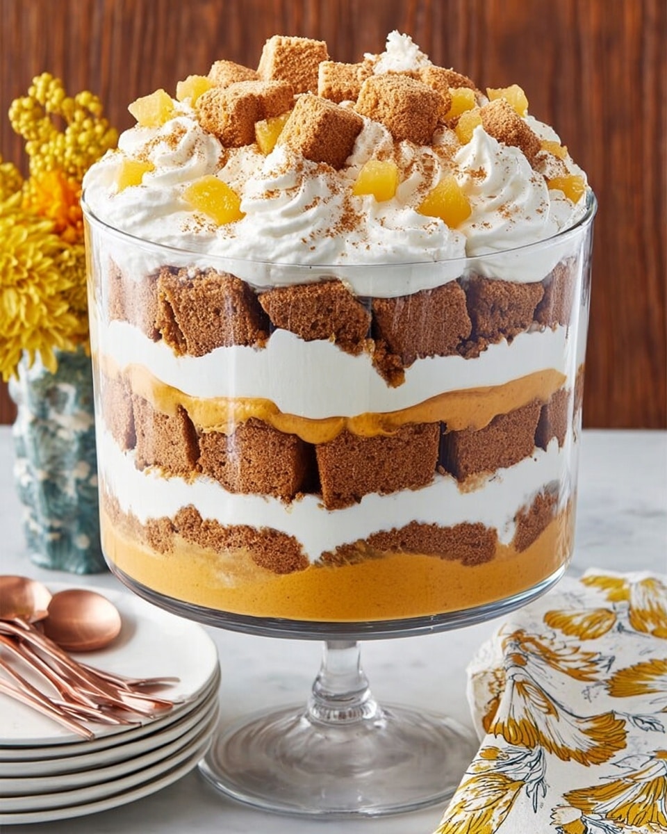 A tall glass bowl holds a layered dessert with three main layers of soft brown cake cubes separated by thick, creamy orange pumpkin mousse and white whipped cream. The bottom layer and the middle layer each contain a base of brown cake cubes, with a thick smooth orange mousse on top, and between the two mousse layers is a thick white whipped cream layer with crumbled brown bits. The dessert is topped with a fluffy swirl of whipped cream, decorated with chunks of yellow fruit and scattered brown cookie pieces. The bowl is placed on a white marbled surface next to a white stack of plates and copper spoons on a white and yellow floral napkin. photo taken with an iphone --ar 4:5 --v 7