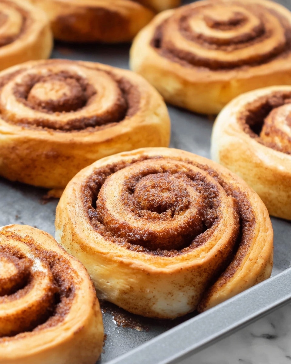 The image shows several cinnamon rolls arranged close together on a baking tray. Each roll has a thick spiral layer starting with a light brown dough base, followed by a darker brown, textured cinnamon sugar layer that winds inward towards the center. The dough has a soft, slightly golden brown baked surface with a smooth texture, while the cinnamon layer inside appears moist and slightly sticky. The rolls are placed on a dark gray baking tray, which contrasts with the warm tones of the cinnamon rolls, all set against a white marbled surface. Photo taken with an iphone --ar 4:5 --v 7
