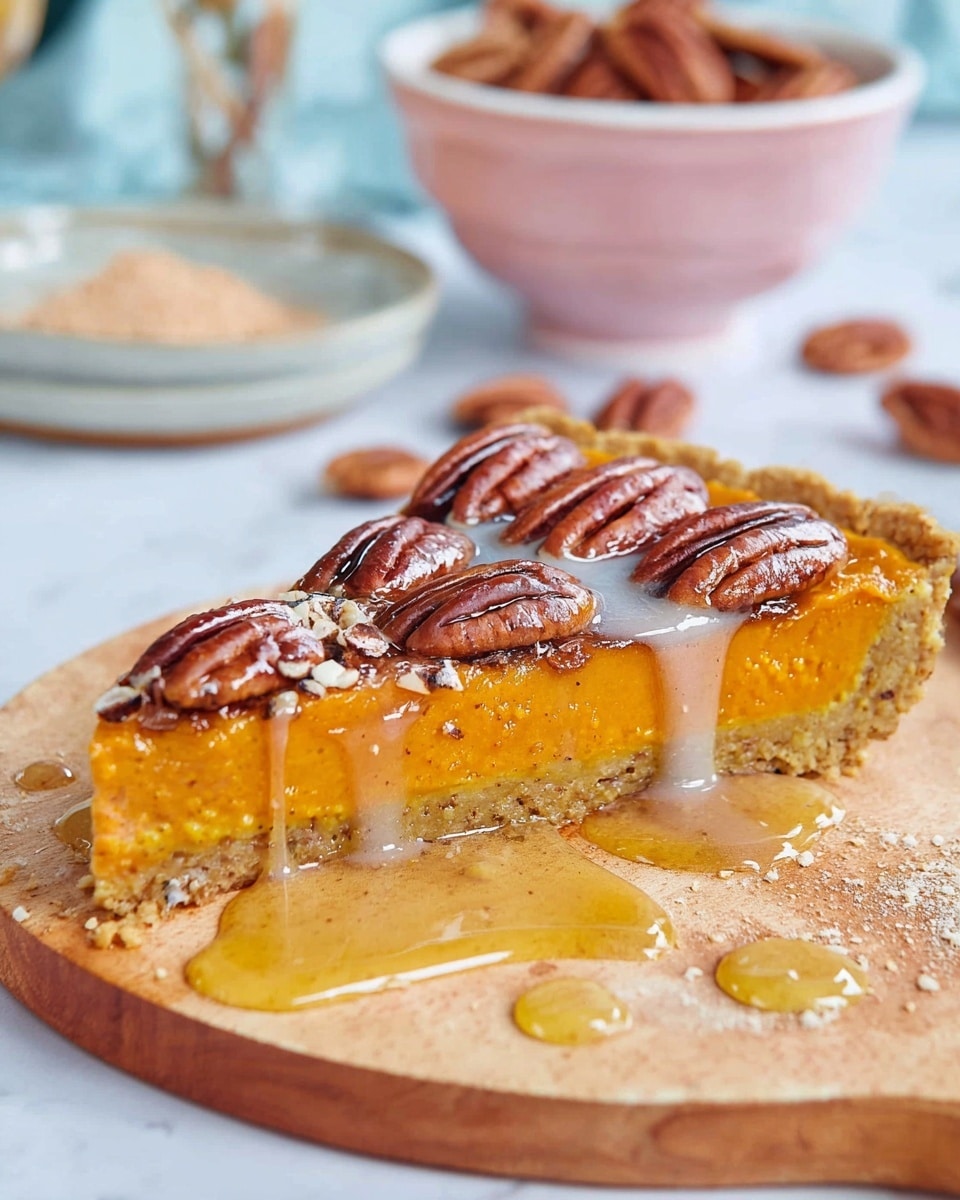 A close-up view of a pecan pie showing one thick layer of golden-brown pastry crust with a rough texture on the sides, topped by a smooth, glossy filling in a light amber color, arranged with whole roasted pecan halves evenly spaced on top in a circular pattern. The pie sits on a flat surface with a white marbled texture in the background. photo taken with an iphone --ar 4:5 --v 7