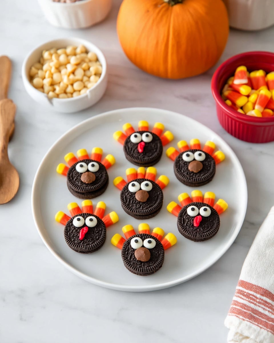A white plate holds six turkey-shaped treats made from two-layered chocolate sandwich cookies as the body, with candy corn pieces arranged in a fan shape behind each cookie to look like feathers. Each cookie has two small white and black candy eyes on the top layer, a small round brown candy in the center as the beak, and a red candy piece next to the beak to represent the turkey’s wattle. The plate is placed on a white marbled surface, with a large orange pumpkin, a white bowl filled with light brown butterscotch chips, and a red bowl filled with candy corn in the background. A wooden spoon and a white cloth are also partially visible nearby. Photo taken with an iphone --ar 4:5 --v 7