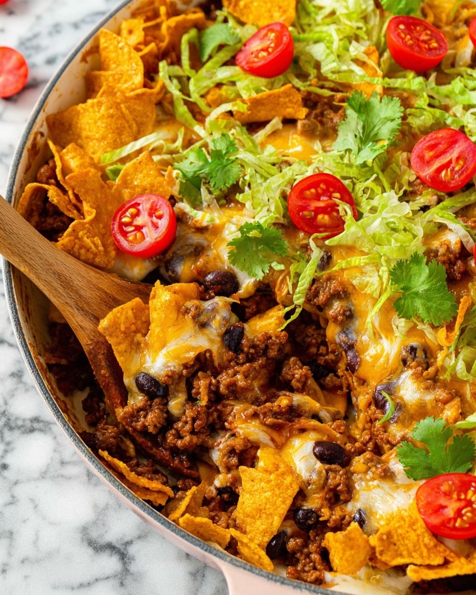 This image shows a layered dish in a white round pan with a wooden spoon scooping a portion. At the bottom is a layer of seasoned ground beef mixed with black beans and sauce, appearing rich and brownish-red. Above that, a melted layer of yellow and white cheese covers the meat. The third layer is crunchy, bright orange corn chips scattered over the cheese. On top, fresh green shredded lettuce adds a crisp contrast. Red cherry tomato halves and small cilantro leaves are spread across the dish, adding pops of red and green color. The pan rests on a white marbled surface. Photo taken with an iphone --ar 4:5 --v 7