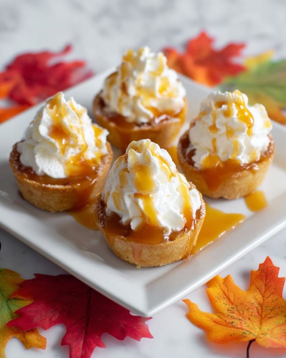 Four small dessert tartlets sit on a white square plate placed on a white marbled surface. Each tartlet has a golden-brown crust base, filled with a smooth caramel filling that glistens slightly. On top of the caramel layer, there is a generous swirl of fluffy white whipped cream, each dollop topped with a drizzle of amber caramel sauce, which also pools slightly on the plate around the tartlets. Around the plate, there are scattered red, orange, and green autumn leaves, adding a seasonal touch. photo taken with an iphone --ar 4:5 --v 7