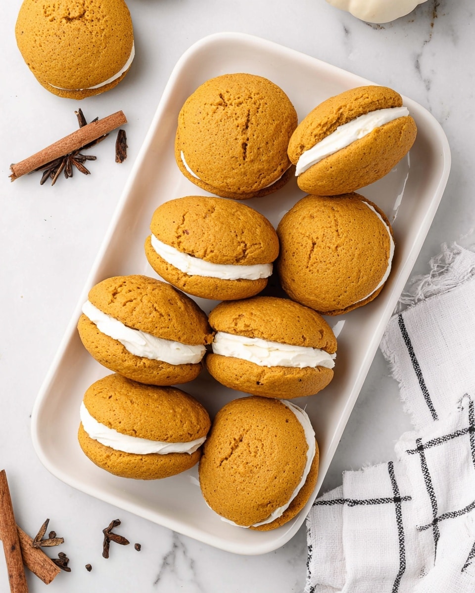 A white rectangular dish holds eight pumpkin whoopie pies arranged closely together, each made with two soft, round, orange-brown cake-like cookies sandwiching a thick layer of smooth white cream in the middle. The cookies have a slightly cracked and textured surface with a warm, golden hue, while the cream filling is evenly spread and creamy in texture. The dish is placed on a white marbled surface with scattered cloves and a cinnamon stick around, and a white cloth with a simple black grid pattern is partially visible to the right. photo taken with an iphone --ar 4:5 --v 7