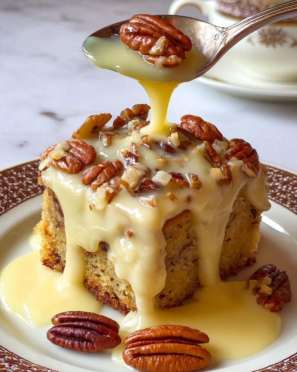 A square piece of cake with two layers is shown, with a light brown, moist sponge base and a thick layer of creamy, pale yellow sauce poured over the top. The sauce flows down the sides and pools on a white plate with a brown patterned rim. The top layer is covered with whole and broken pecans scattered all over, giving a crunchy texture. More pecans are placed on the plate around the cake. A spoon is held above the cake with thick sauce and pecans dripping down onto it. The background is a white marbled texture. photo taken with an iphone --ar 4:5 --v 7
