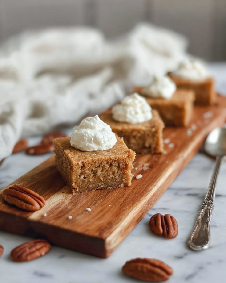 The image shows four square pieces of a light brown, crumbly dessert neatly placed in a row on a wooden board. The front piece has a white dollop of whipped cream on top, and the texture looks soft with visible small bits inside, possibly nuts. Around the board, there are several whole pecans scattered on the wooden table. In the background, a white cloth is slightly crumpled, and a silver fork rests near the last piece of dessert. The scene is set on a white marbled surface. Photo taken with an iphone --ar 4:5 --v 7
