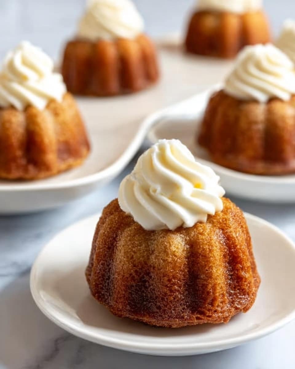The image shows a small bundt cake with a ridged texture, golden brown in color, placed in the center of a white plate. On top of the cake is a swirl of smooth white cream, piped neatly in a circular pattern. In the background, three similar cakes, also topped with cream, are lined up on a long white plate. The scene sits on a white marbled surface, giving a clean and bright feel to the image. photo taken with an iphone --ar 4:5 --v 7