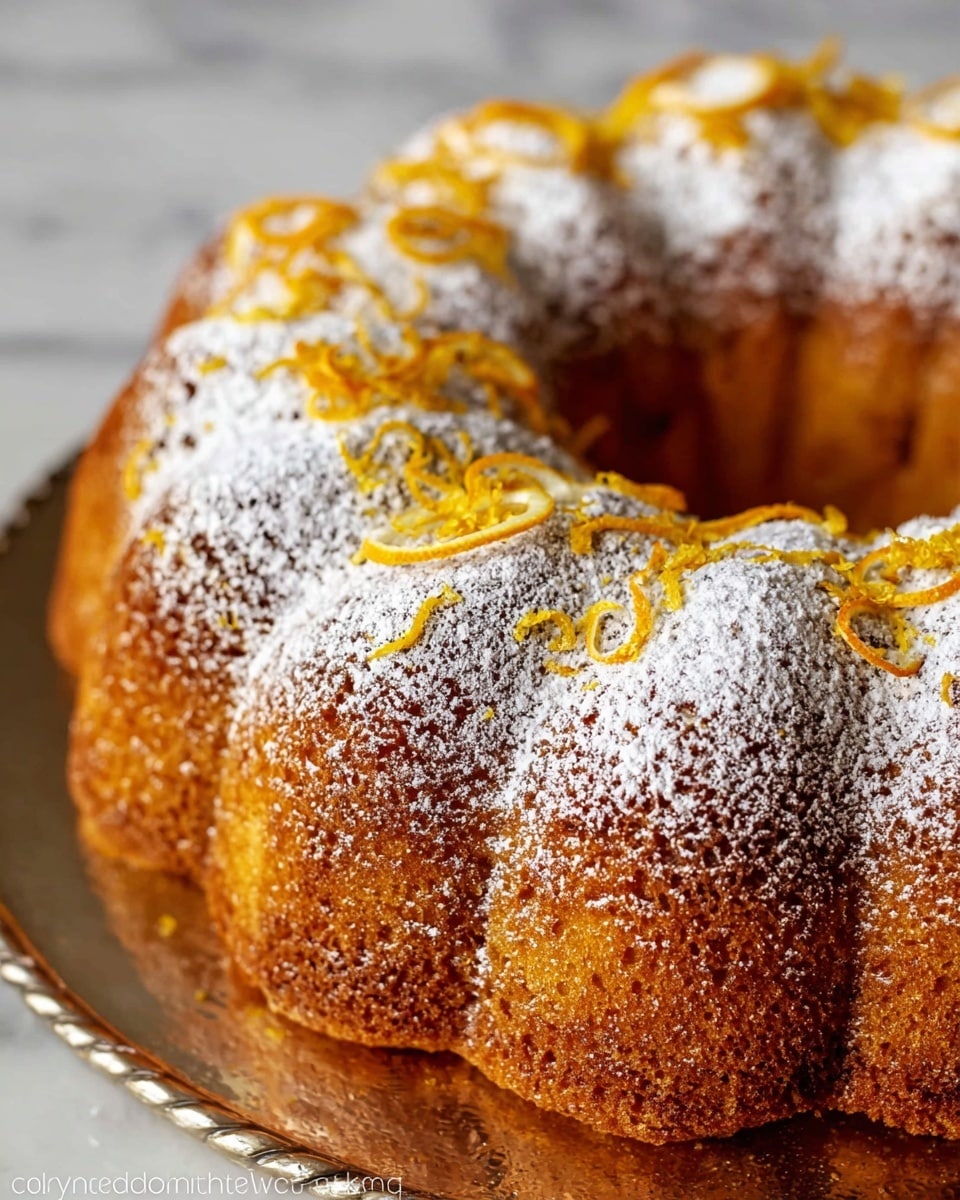 A close-up image of a single-layer Bundt cake with a golden brown textured crust. The top is dusted with white powdered sugar, creating a light, snowy look. Bright orange and yellow citrus zest curls are scattered across the top, adding a pop of color and decorative detail. The cake sits on a shiny silver tray, all placed on a white marbled surface. photo taken with an iphone --ar 4:5 --v 7