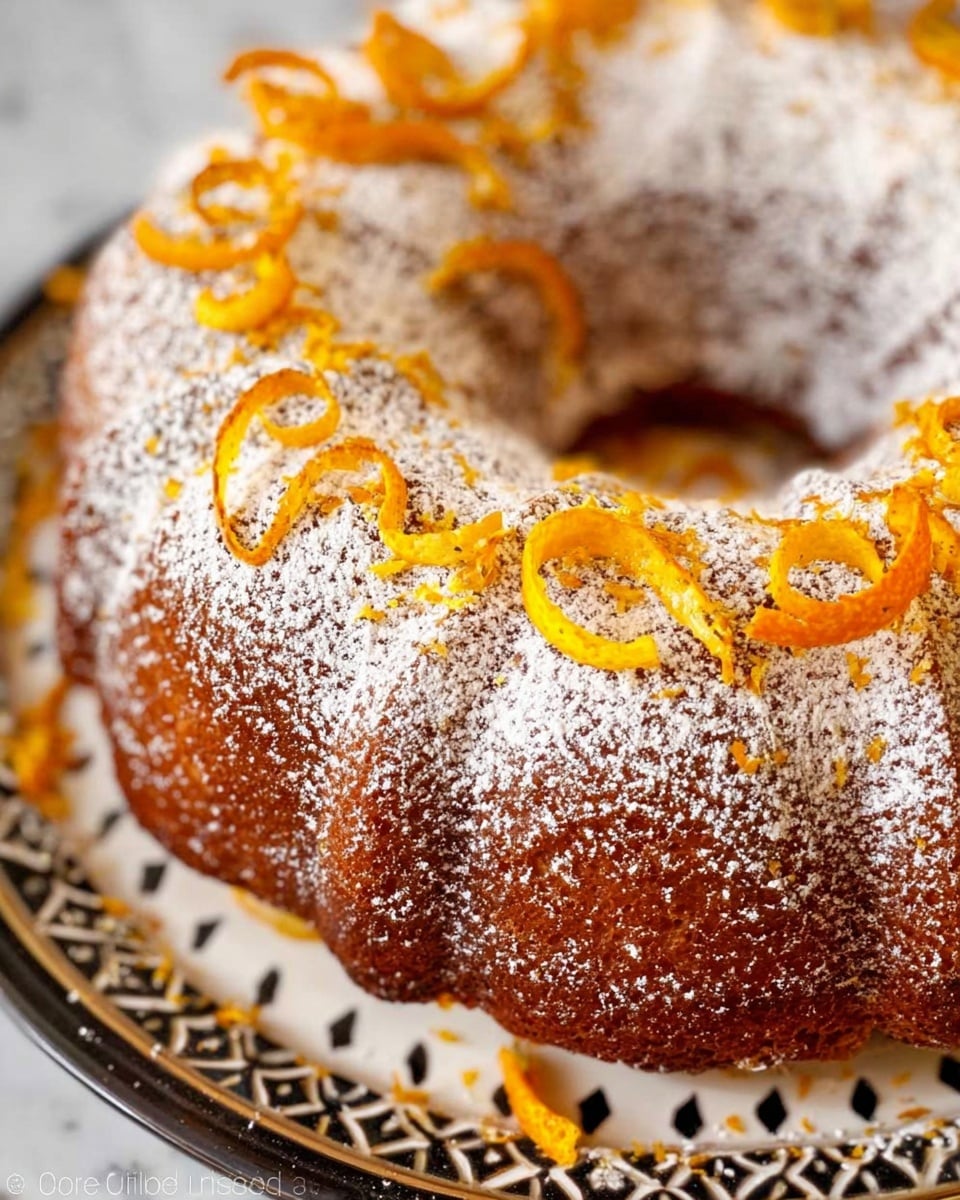A bundt cake dusted evenly with powdered sugar, with bright orange and yellow citrus peels artistically curled and scattered on top. The cake has a golden-brown color peeking through the powdered sugar, showing a soft texture. The bundt cake sits on a white plate with a decorative black and gold rim, placed on a white marbled surface. The image is close-up, focusing on the cake's top and part of the plate. photo taken with an iphone --ar 4:5 --v 7