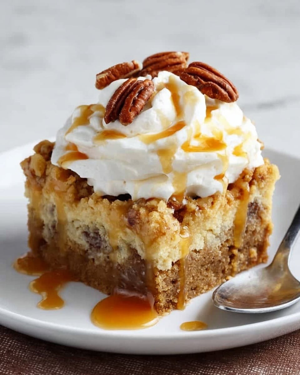 A single slice of pie sits on a white plate with a thin dark rim, set on a white marbled surface. The pie slice has three visible layers: the bottom layer is a firm, crumbly brown crust, the middle layer is a thick, smooth orange filling, and the top layer is a glossy dark brown caramel sauce with small nut pieces scattered throughout. On top, there is a generous dollop of white whipped cream with soft texture, adding height and contrast to the slice. In the background, the rest of the pie sits on a white plate, showing the crust and caramel topping clearly with some white whipped cream around the edges. Photo taken with an iphone --ar 4:5 --v 7