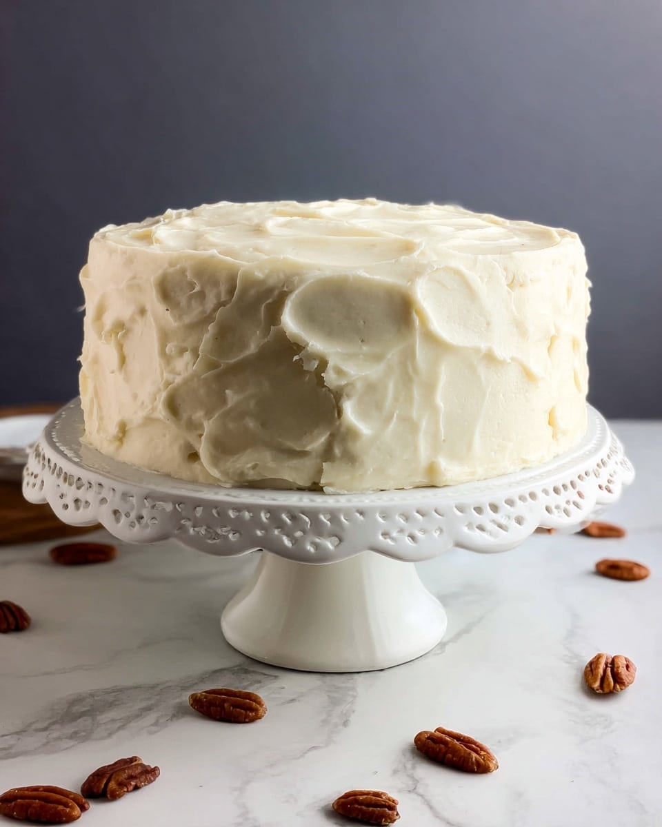 A close-up view of a two-layer carrot cake slice on a white plate with pink floral patterns, showcasing dense, moist brown cake with bits of orange carrot and dark nuts. Each cake layer is separated by a creamy white frosting layer, with more frosting covering the outside edges. Behind the slice, the larger remaining cake sits on a white cake stand, also covered with thick white frosting. The scene is set on a white marbled texture surface with stacked white plates and a fork in the background. Photo taken with an iphone --ar 4:5 --v 7