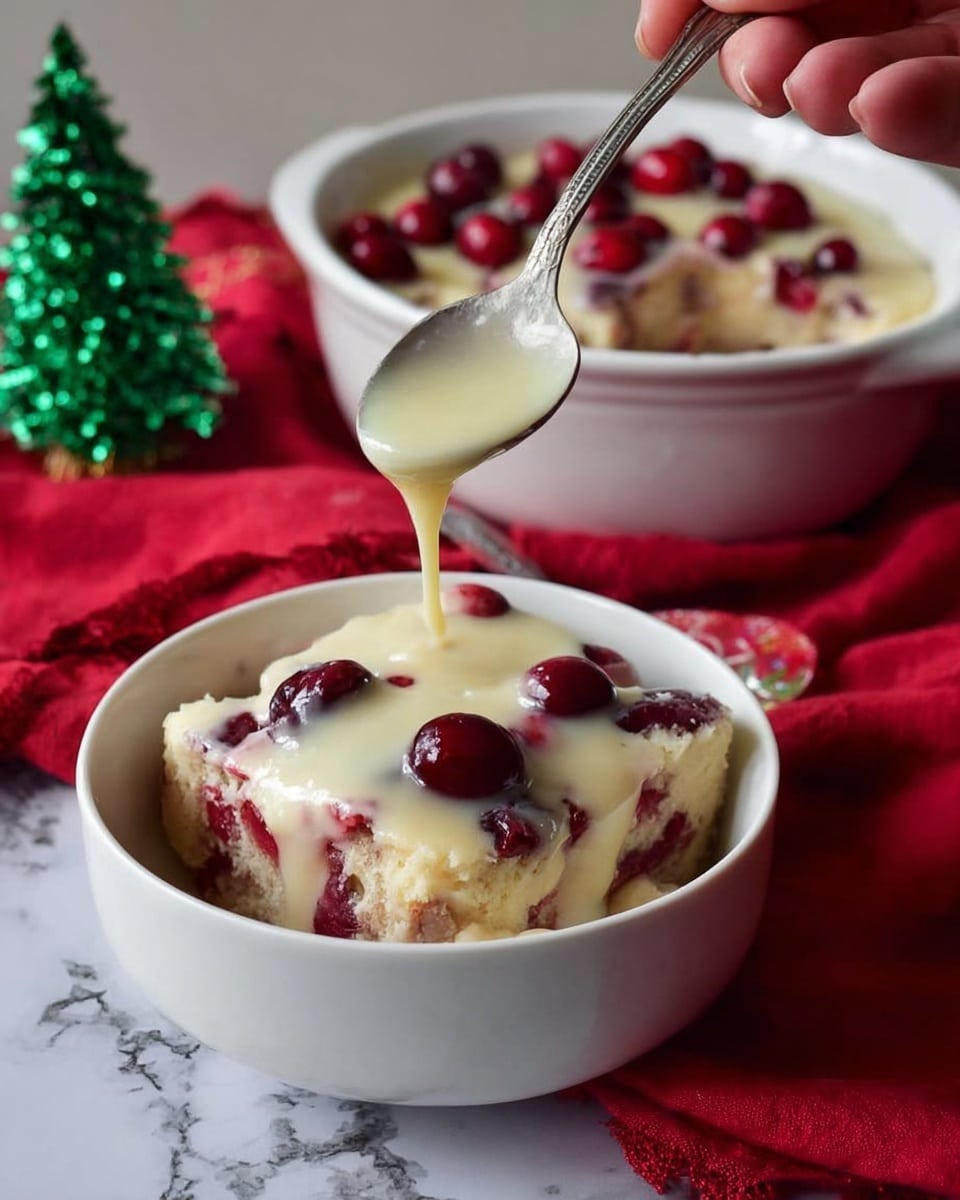 A close-up view shows a white bowl filled with a creamy dessert that has three layers: a thick, pale cream sauce topped with several dark red berries, a middle layer with red pieces mixed in a light cake base, and the bottom cake layer peeking through. The cream sauce is being poured from a silver spoon held by a woman's hand, gently flowing over the dessert. Behind this bowl, a larger white bowl contains more of the same dessert with a thick, creamy layer on top scattered with red berries on a slightly golden surface. Both bowls rest on a bright red cloth, placed on a white marbled texture. A small green Christmas tree decoration is on the left side. Photo taken with an iphone --ar 4:5 --v 7