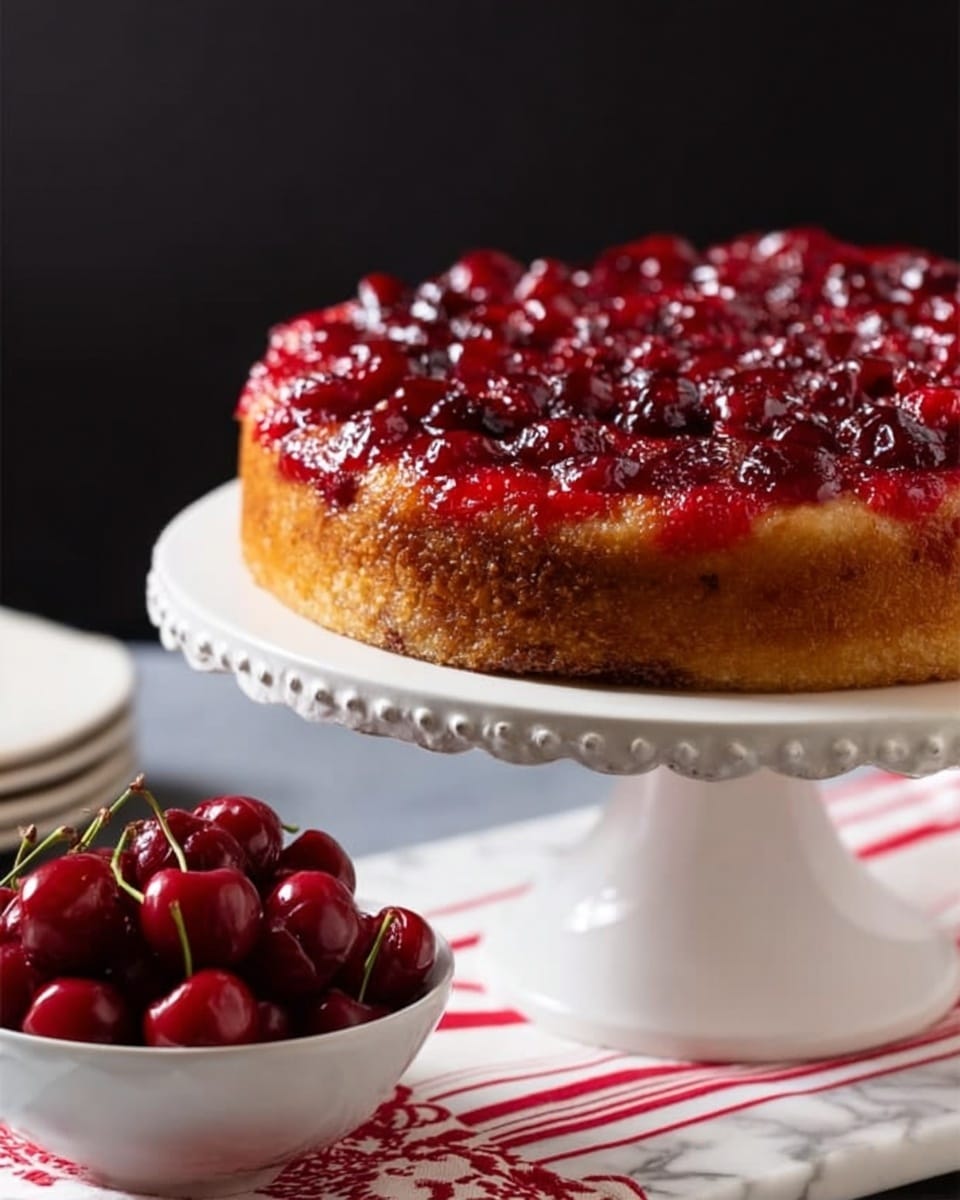A round, thick cake with a golden brown base and a shiny, red cherry topping covers the entire top layer with a slightly sticky texture. The cake sits raised on a white cake stand with a delicate scalloped edge. In the foreground, a white bowl filled with bright red cherries accompanies the cake, all placed on a white marbled surface with red and white striped cloth partly visible underneath. The scene is set against a dark, plain background. Photo taken with an iphone --ar 4:5 --v 7