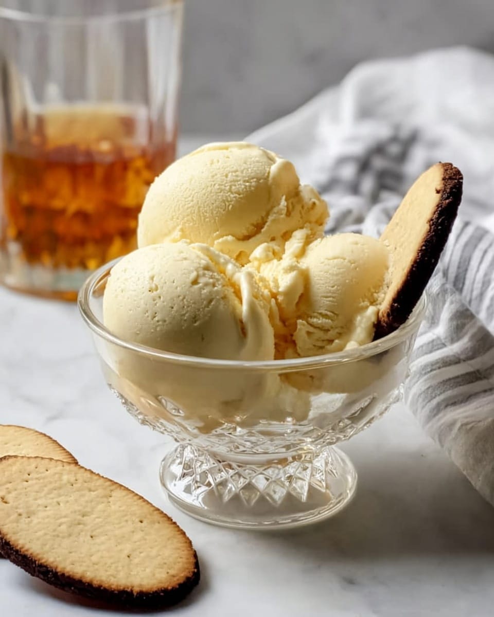 A clear glass dessert bowl holds three scoops of pale yellow ice cream with a creamy texture, sprinkled with small light brown nut pieces on top. In the background, part of a brown cookie with darker brown chunks is visible leaning against the ice cream. The bowl sits on a white marbled surface with a red and white striped cloth beneath it, with softly blurred festive decorations in the background. photo taken with an iphone --ar 4:5 --v 7