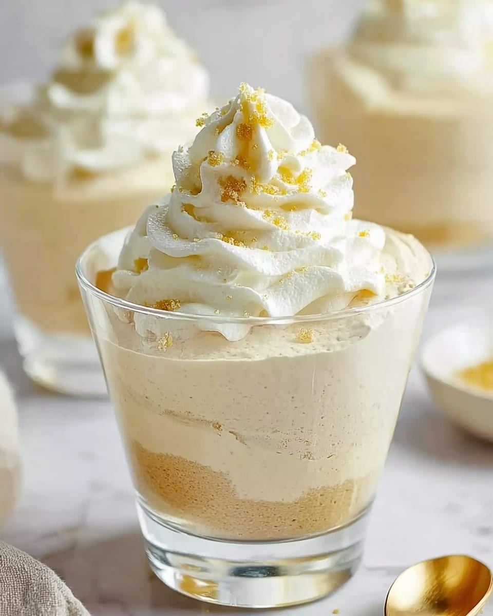 The image shows a clear glass cup with three visible layers of dessert. The bottom layer is dark brown crushed cookies, pressed into a thick base. The middle layer is a creamy, pale beige pudding that fills most of the glass. The top layer is white whipped cream, smooth and fluffy, with small, dark cookie crumbs sprinkled generously on top. The glass is placed on a white marbled surface with some cookie crumbs scattered around. photo taken with an iphone --ar 4:5 --v 7