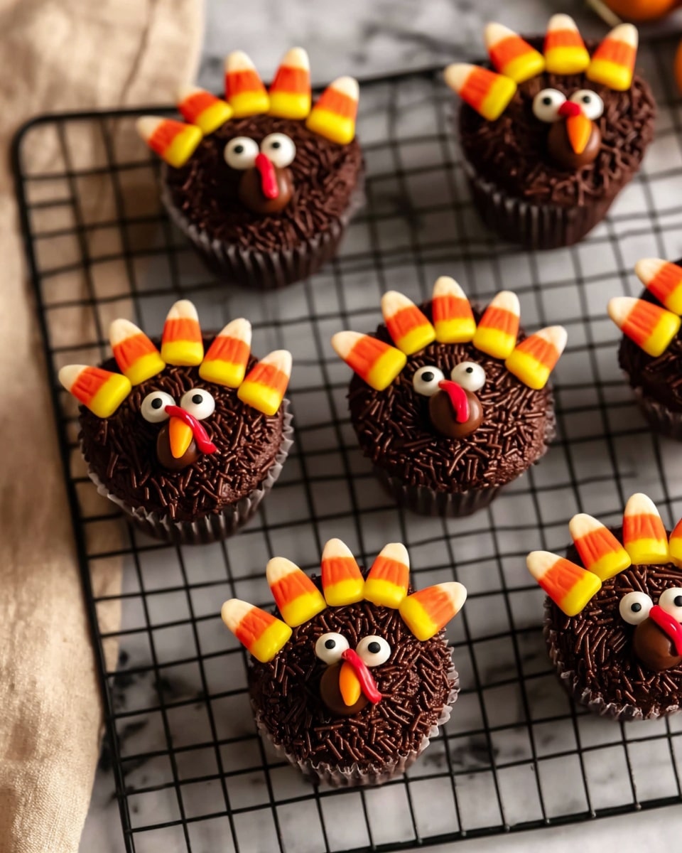 The image shows a set of six chocolate cupcakes decorated to look like turkeys on a black cooling rack, placed on a white marbled surface with a beige cloth nearby. Each cupcake has a base layer of dark brown chocolate cake, topped with a thick layer of chocolate frosting covered in dark chocolate sprinkles, creating a textured top layer. At the back edge of each cupcake, five pieces of candy corn are spaced evenly to resemble turkey feathers, showing bright orange, yellow, and white colors. Two small white candy eyes with black dots are placed near the center front of the cupcakes. Below the eyes, a round chocolate candy is positioned as a beak holder with a single candy corn pointing outward for the beak. A thin red candy strip is placed on one side of the beak to represent the turkey’s wattle. Photo taken with an iphone --ar 4:5 --v 7
