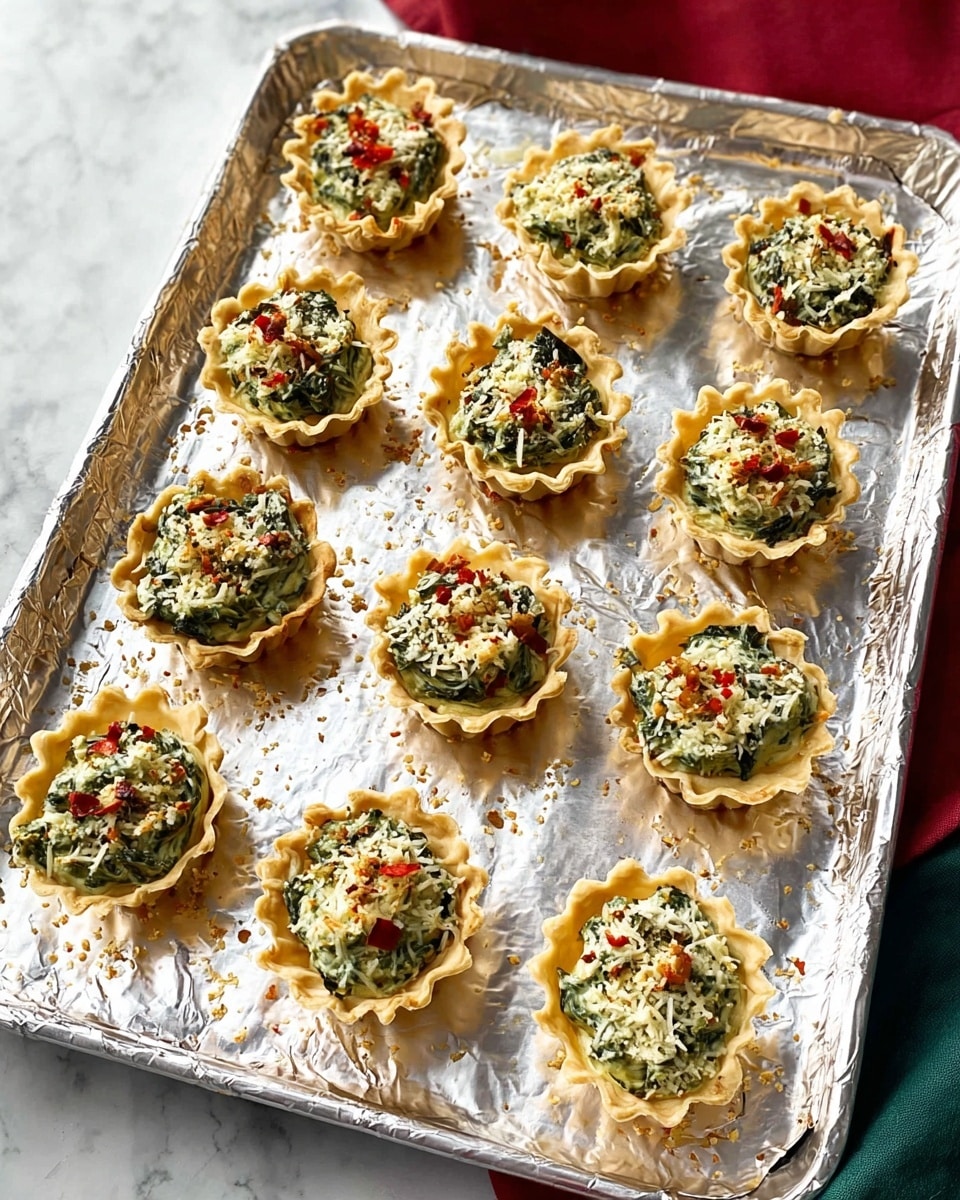 A silver baking tray lined with foil holds five rows of small tart cups, each with a fluted golden brown crust. Inside every tart is a creamy, textured green spinach mixture topped with a light sprinkling of white cheese and red paprika, adding a splash of color. The tarts are neatly spaced and the tray rests on a white marbled textured surface with parts of a red and green cloth visible in the background. photo taken with an iphone --ar 4:5 --v 7