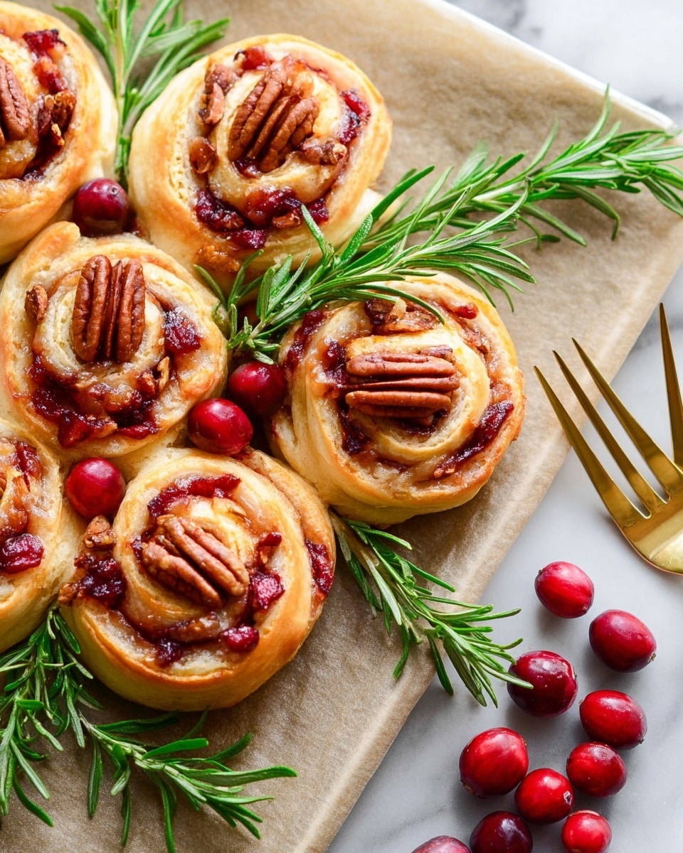 A close-up image shows six light golden swirled pastries arranged in a circular pattern on a baking sheet, each with a red cranberry filling spiraled inside and a toasted pecan placed in the center. Fresh green rosemary sprigs and bright red whole cranberries decorate the middle of the swirl. The pastries have a soft, flaky texture with a shiny, slightly toasted surface. To the right side, a white marbled surface holds a small cluster of red cranberries along with shiny brass-colored fork and knife resting parallel. The photo has a bright and clean look, with soft natural light highlighting the textures and colors. photo taken with an iphone --ar 4:5 --v 7