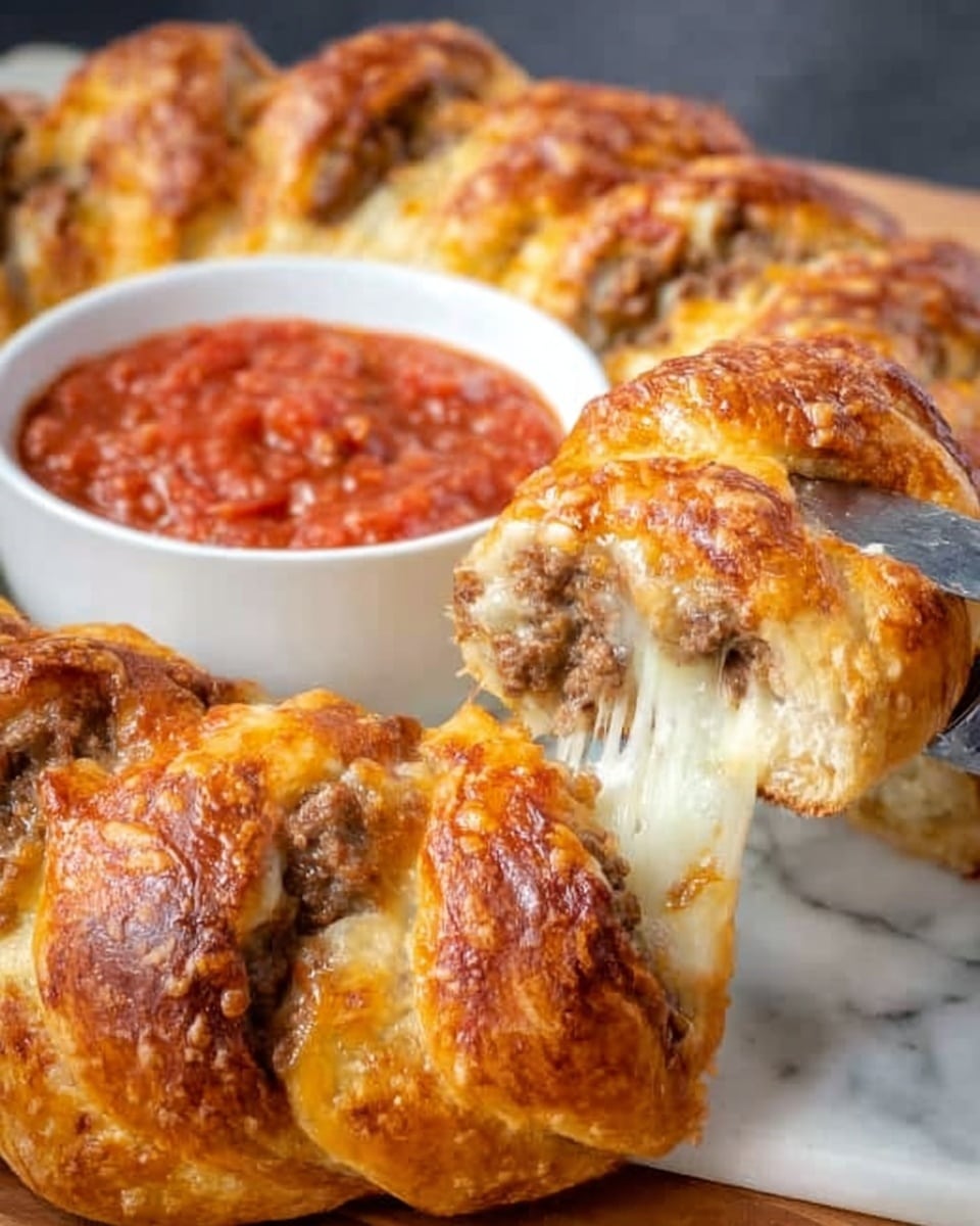 The image shows a golden-brown braided bread ring with visible layers of melted white cheese and cooked ground meat inside the slits of the bread. The bread has a shiny surface with a slightly crisp texture. A piece is being lifted with a spatula, stretching the melted cheese between the slice and the ring. Behind the bread ring, there is a white bowl filled with chunky red tomato sauce. Everything is placed on a white marbled surface. Photo taken with an iphone --ar 4:5 --v 7