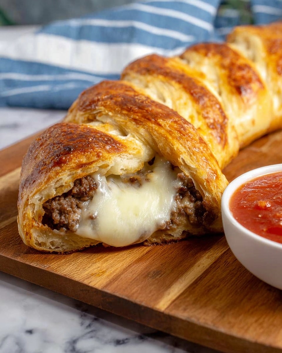 The image shows a braided golden-brown baked pastry cut open at one end, revealing a soft and slightly fluffy dough layer on the outside. Inside, there is a layer of melted white cheese that looks stretchy and creamy, placed over a layer of cooked ground meat with a dark brown color and crumbly texture. The pastry is resting on a wooden cutting board with a white bowl next to it holding a red tomato-based dipping sauce. The background features a white marbled surface with a blurred blue and white striped cloth in the distance. Photo taken with an iphone --ar 4:5 --v 7